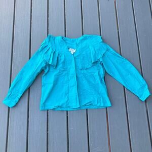 Vintage ruffled blue cotton button up blouse, western cowgirl